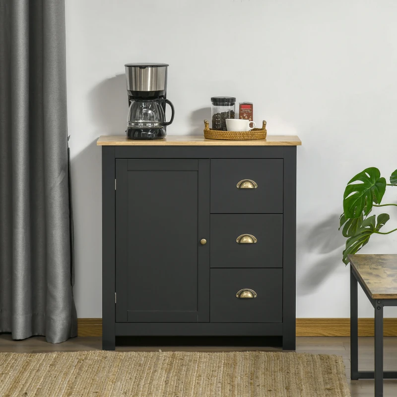 HOMCOM Modern Kitchen Cabinet, Storage Sideboard, Buffet Table with Rubberwood Top, 3 Drawers and Cabinet with Adjustable Shelf, Black