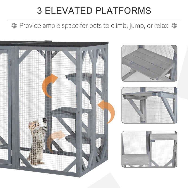 PawHut 71" x 32" x 44" Large Wooden Outdoor Cat Enclosure Catio Cage With 3 Platforms, Gray