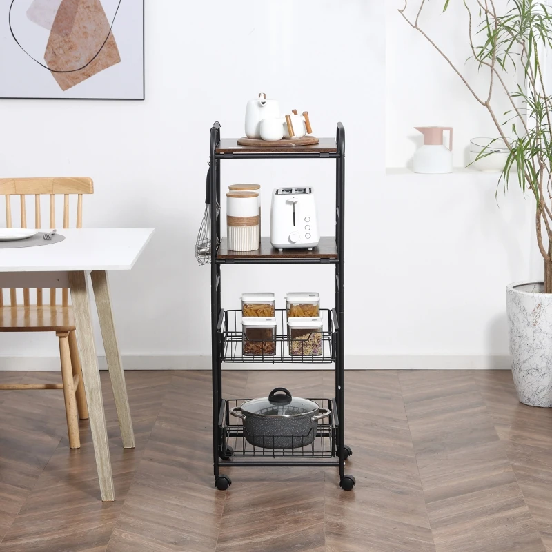 HOMCOM Kitchen Cart with Storage, 16"W Slim Rolling Cart, 4 Tier Kitchen Shelves on Wheels with Side Racks, 2 Basket for Fruit Vegetable, Utility Cart for Narrow Space, Laundry, Rustic Brown