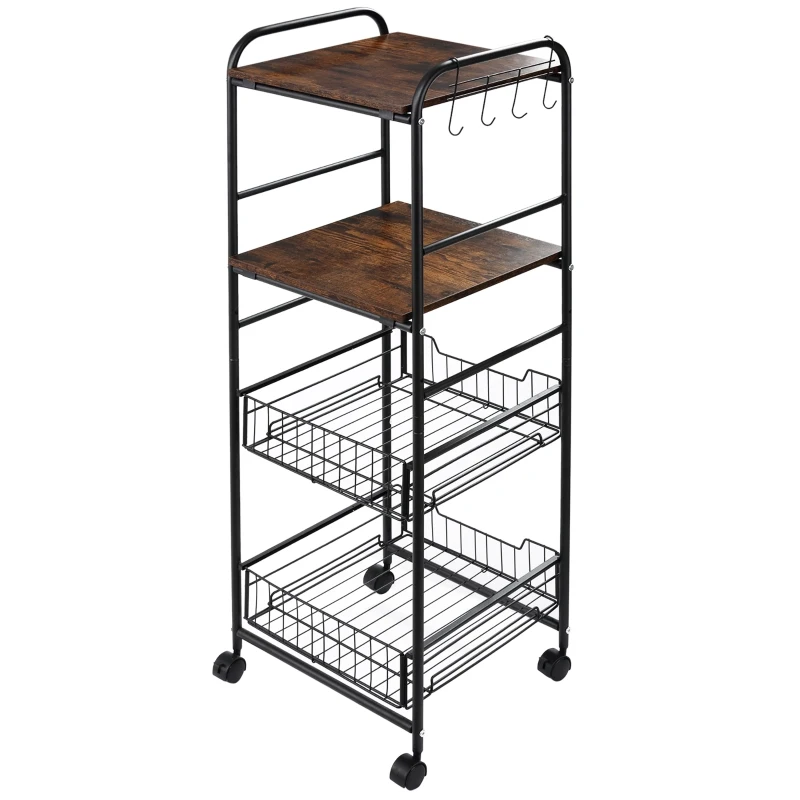 HOMCOM Kitchen Cart with Storage, 16"W Slim Rolling Cart, 4 Tier Kitchen Shelves on Wheels with Side Racks, 2 Basket for Fruit Vegetable, Utility Cart for Narrow Space, Laundry, Rustic Brown