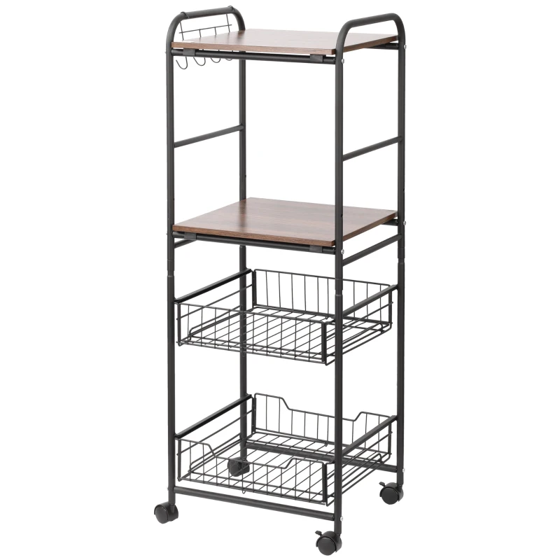 HOMCOM Kitchen Cart with Storage, 16"W Slim Rolling Cart, 4 Tier Kitchen Shelves on Wheels with Side Racks, 2 Basket for Fruit Vegetable, Utility Cart for Narrow Space, Laundry, Walnut