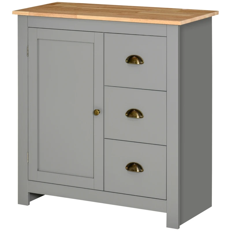 HOMCOM Modern Kitchen Cabinet, Storage Sideboard, Buffet Table with Rubberwood Top, 3 Drawers and Cabinet with Adjustable Shelf, Grey