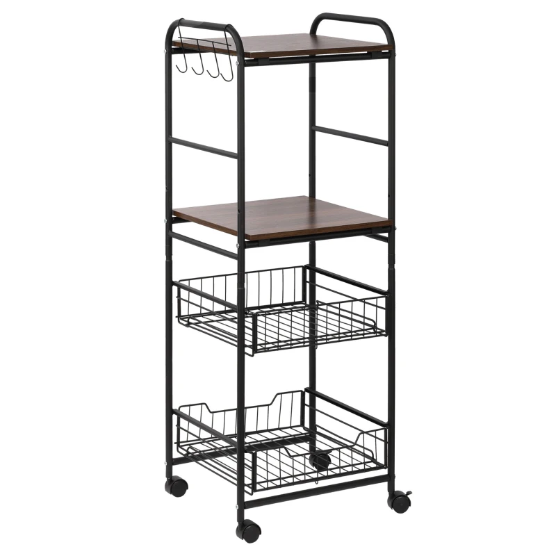 HOMCOM Kitchen Cart with Storage, 16"W Slim Rolling Cart, 4 Tier Kitchen Shelves on Wheels with Side Racks, 2 Basket for Fruit Vegetable, Utility Cart for Narrow Space, Laundry, Walnut