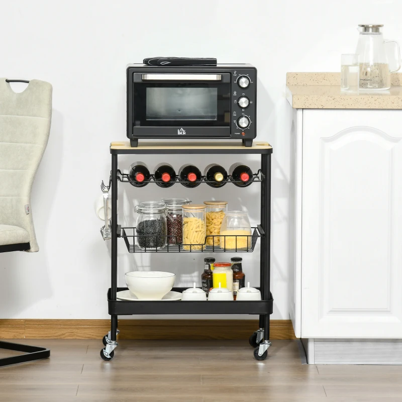 HOMCOM Rolling Kitchen Cart, 3-Tier Utility Storage Trolley with Wine Rack, Mesh Drawer and Side Hooks for Dining Room, Black/Natural