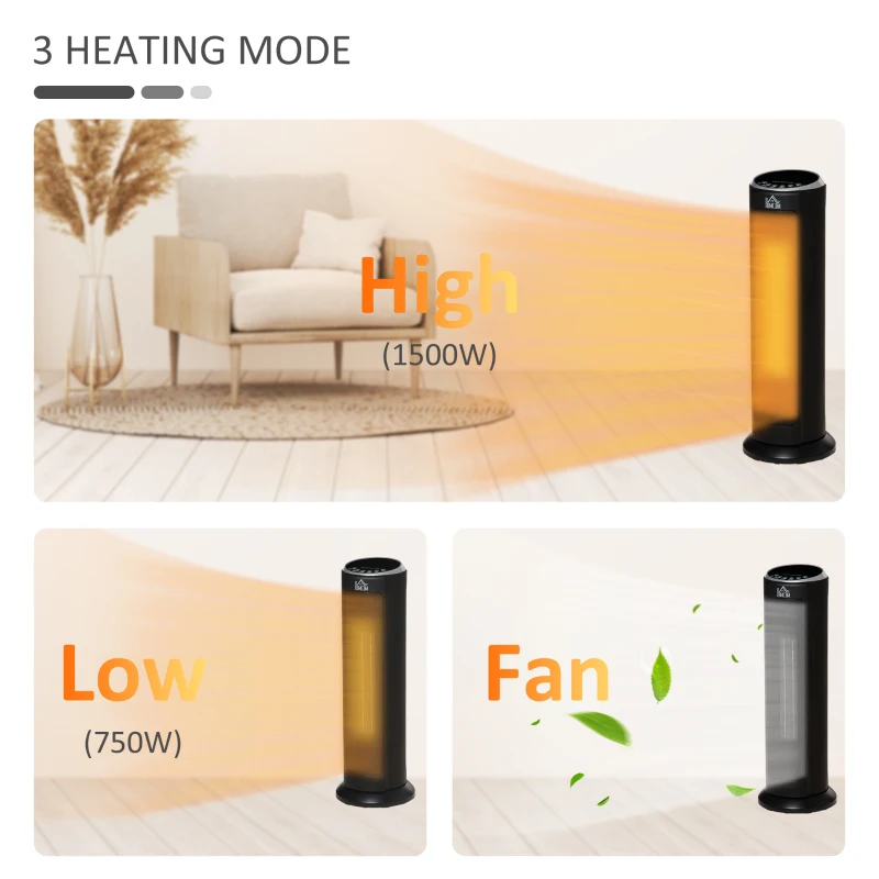 HOMCOM 2-In-1 Portable Electric Tower Heater, Oscillating Space Heater with 12H Timer, Three Heating Modes, 750/1500W, for Indoor Use, Black