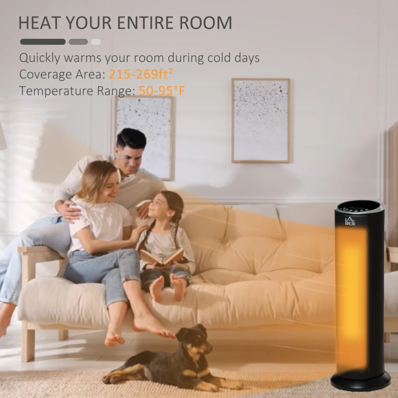 HOMCOM 2-In-1 Portable Electric Tower Heater, Oscillating Space Heater with 12H Timer, Three Heating Modes, 750/1500W, for Indoor Use, Black