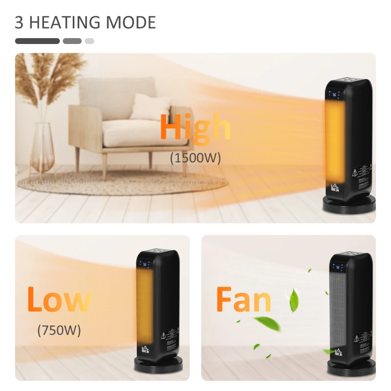 HOMCOM 1500W Ceramic Space Heater, 2-In-1 Oscillating Portable Heater with Three Heating Modes(High, Low, Fan), Timer, Remote Control, for Indoor Use, Black