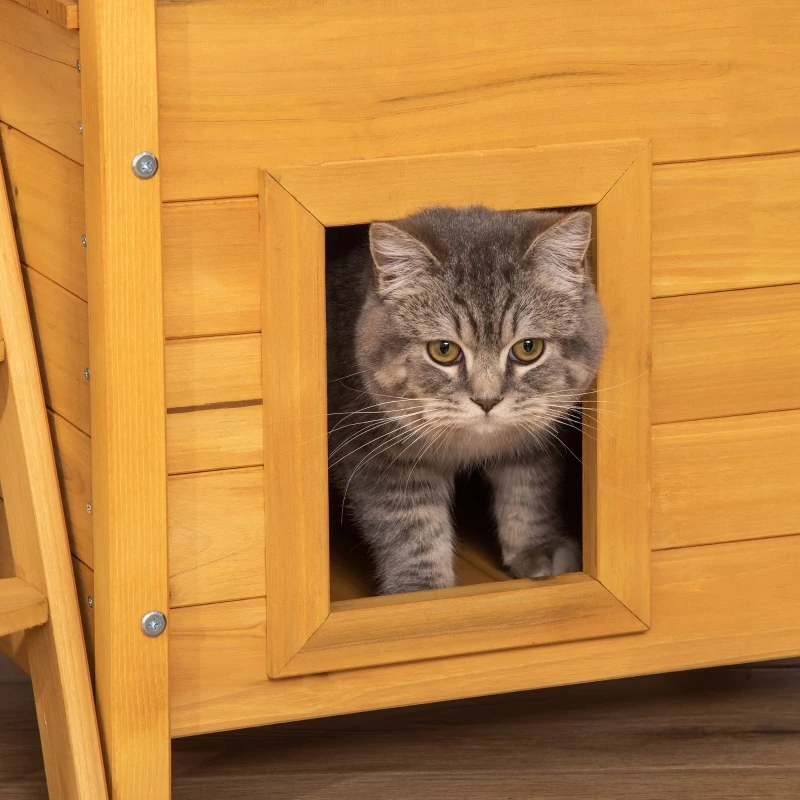 PawHut Outdoor Cat House, 2-Story Shelter for Feral Cats, Wooden Kitten Condo with Asphalt Roof, Stairs, Balcony, 30"x20"x29", Natural