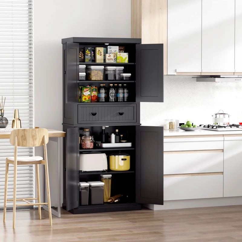 HOMCOM 72" Traditional Freestanding Kitchen Pantry Cabinet Cupboard with Doors and 3 Adjustable Shelves, Black