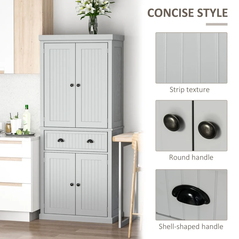HOMCOM 72" Traditional Freestanding Kitchen Pantry Cabinet Cupboard with Doors and 3 Adjustable Shelves, Gray