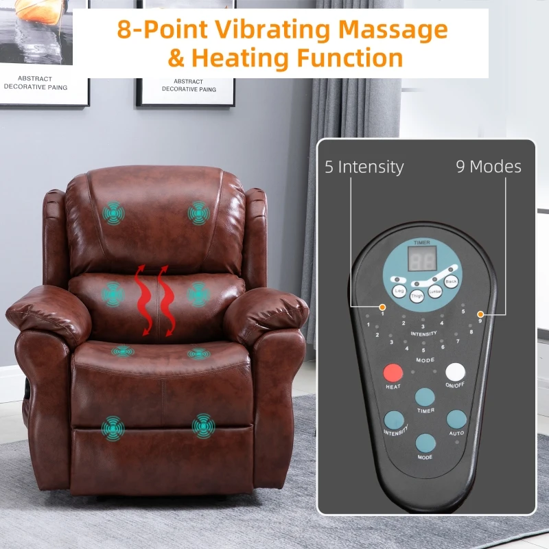 HOMCOM Vibration Massage Recliner Chair for Living Room with Heat,   Single Sofa, PU Leather Power Reclining Chair, Home Theater Seating with Footrest, Brown