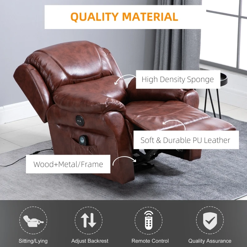 HOMCOM Vibration Massage Recliner Chair for Living Room with Heat,   Single Sofa, PU Leather Power Reclining Chair, Home Theater Seating with Footrest, Brown