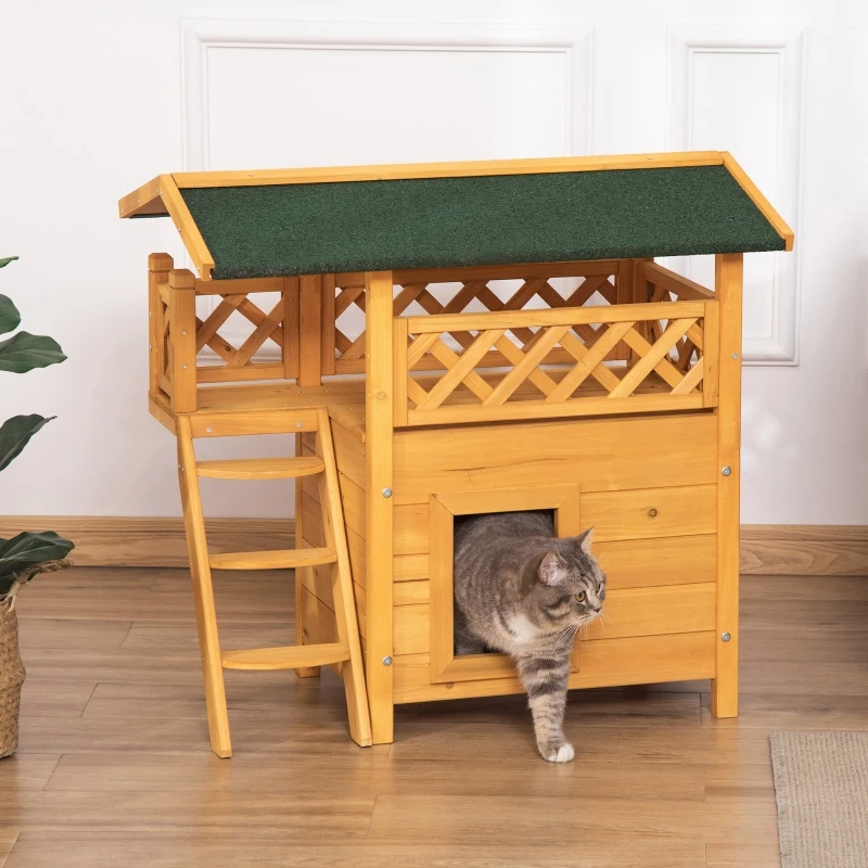 PawHut Outdoor Cat House, 2-Story Shelter for Feral Cats, Wooden Kitten Condo with Asphalt Roof, Stairs, Balcony, 30"x20"x29", Natural