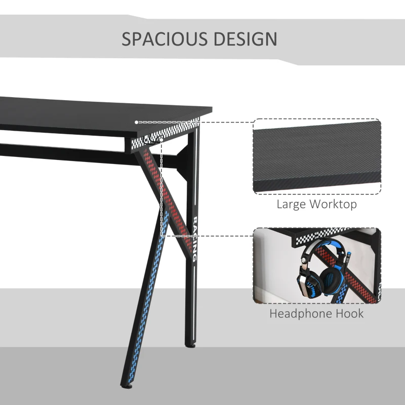 HOMCOM 43" Racing Style Gaming Desk with Multi-Colored K Steel Frame Design and Headset Side Hook, Black/Multi
