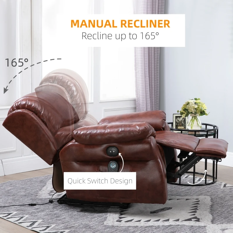 HOMCOM Vibration Massage Recliner Chair for Living Room with Heat,   Single Sofa, PU Leather Power Reclining Chair, Home Theater Seating with Footrest, Brown