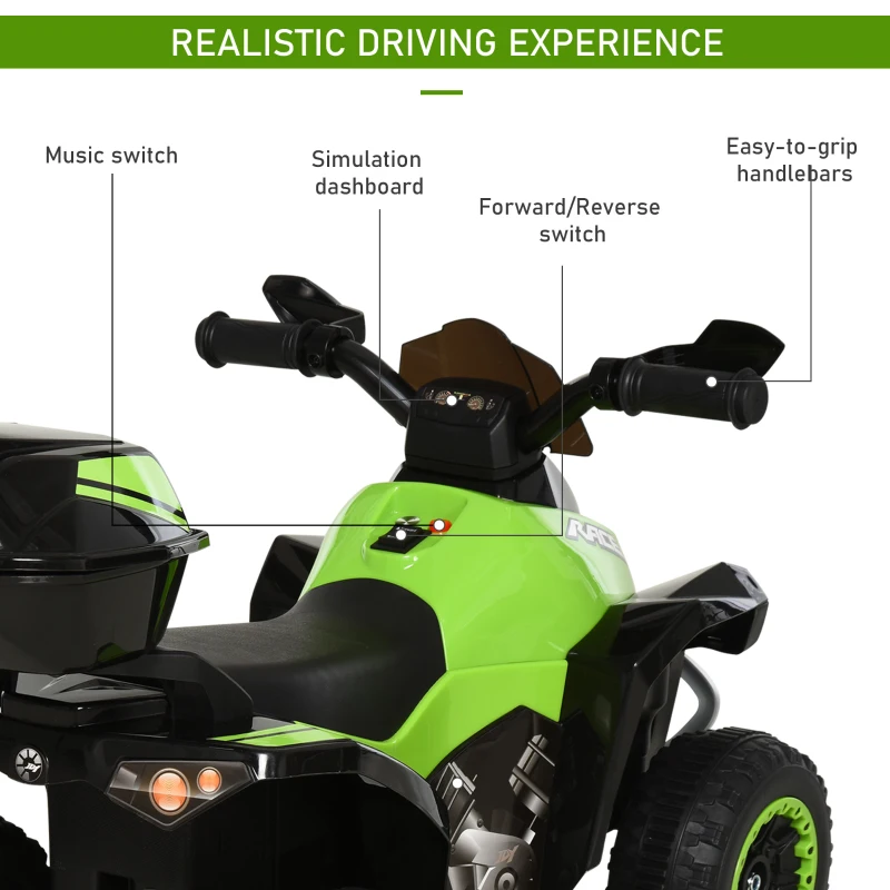 Aosom Kids Electric ATV Motorcycle Bench Buggy Quad Ride On Car 6V Battery Powered Electric for 18-36 Months Old with Light MP3 Storage Box Green
