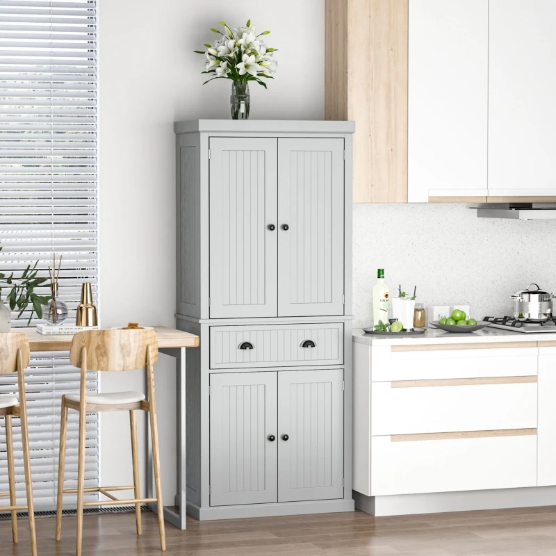 HOMCOM 72" Traditional Freestanding Kitchen Pantry Cabinet Cupboard with Doors and 3 Adjustable Shelves, Gray