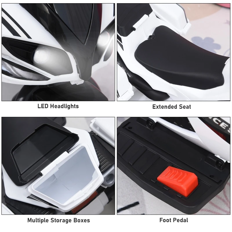 Aosom Kids Electric Pedal Motorcycle Ride-On Toy 6V Battery Powered w/ Music Horn Headlights Motorbike for Girls Boy 18-36M - White