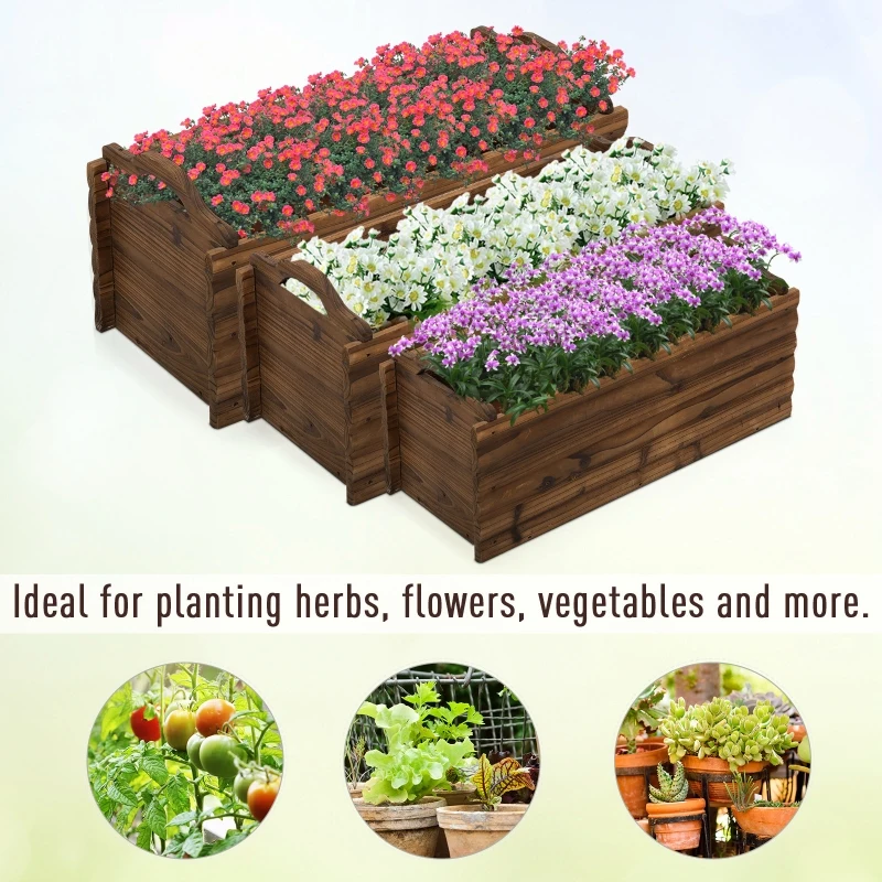 Outsunny 3 Pieces Raised Garden Bed, Wooden Planter Box, Rectangular Garden Flower Bed with Handles