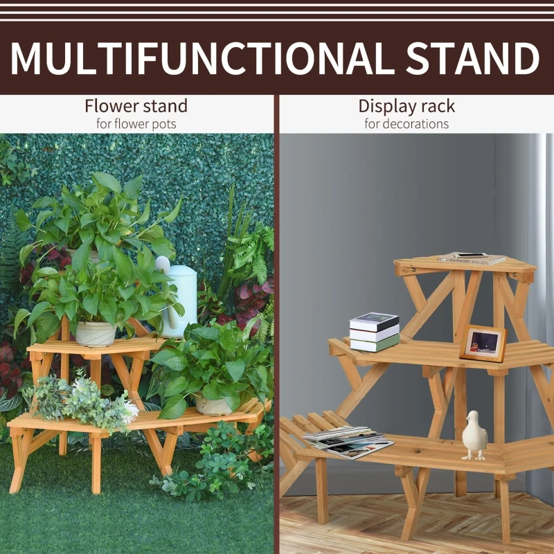 Outsunny Wooden Rustic 3-Tier Raised Plant Stand with Slatted Shelves Indoor & Outdoor Display Rack Plant Pot Organizer 37.75" x 25.25" x 24"