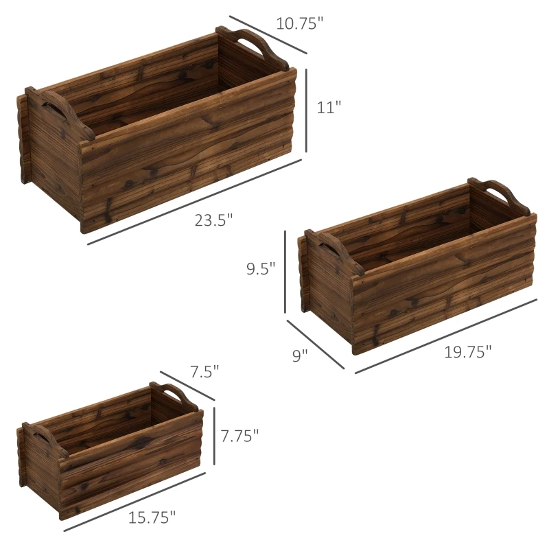 Outsunny 3 Pieces Raised Garden Bed, Wooden Planter Box, Rectangular Garden Flower Bed with Handles