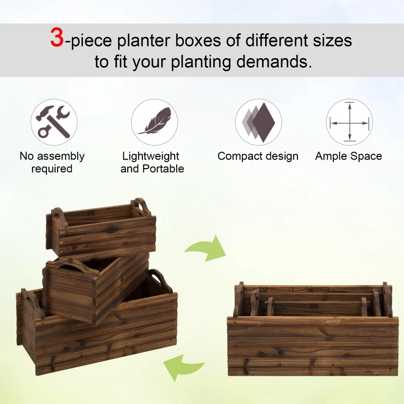 Outsunny 3 Pieces Raised Garden Bed, Wooden Planter Box, Rectangular Garden Flower Bed with Handles
