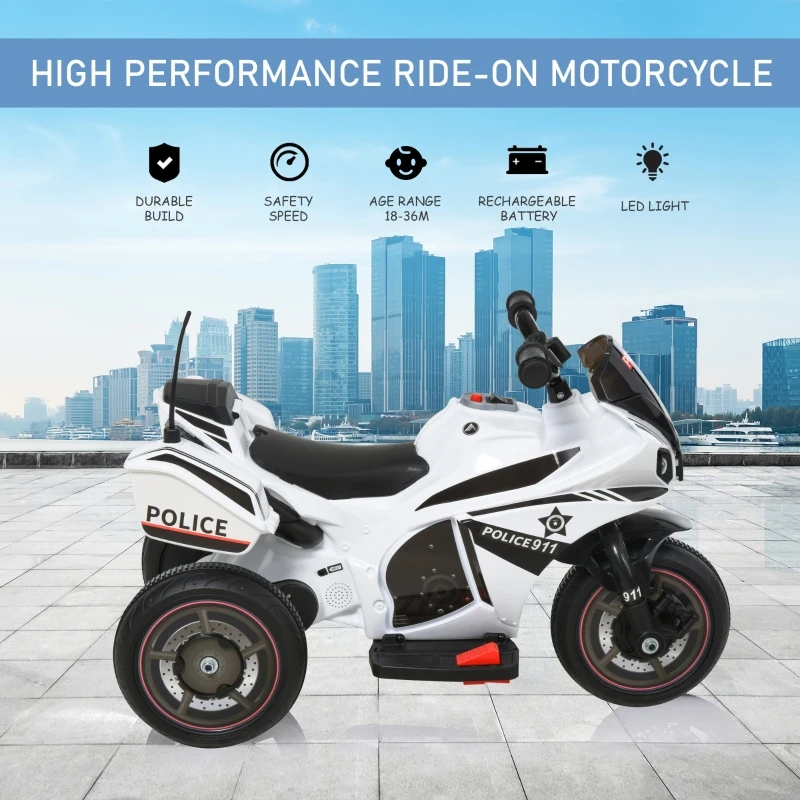 Aosom Kids Electric Pedal Motorcycle Ride-On Toy 6V Battery Powered w/ Music Horn Headlights Motorbike for Girls Boy 18-36M - White