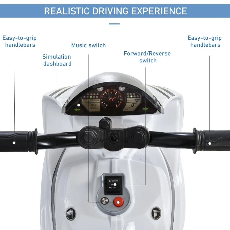 Aosom Kids Electric Pedal Motorcycle Ride-On Toy 6V Battery Powered w/ Music Horn Headlights Motorbike for Girls Boy 18-36M - White