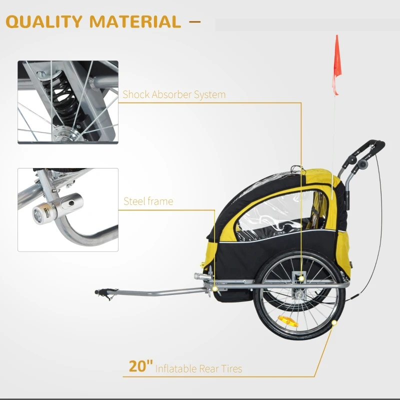 Aosom Elite 360 Swivel Double Child Two-Wheel Bicycle Cargo Trailer With 2 Security Harnesses - Yellow / Black