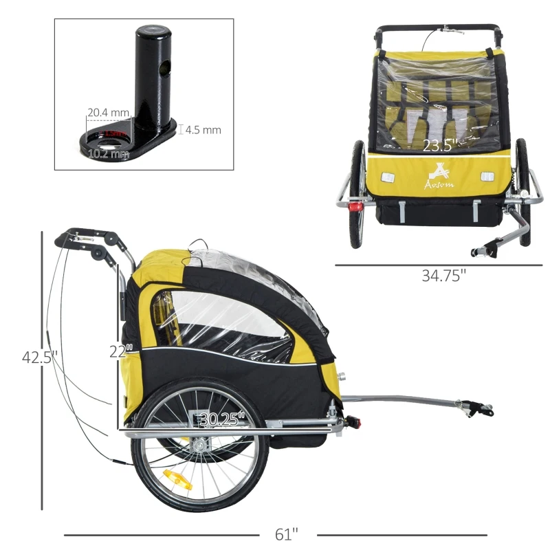 Aosom Elite 360 Swivel Double Child Two-Wheel Bicycle Cargo Trailer With 2 Security Harnesses - Yellow / Black