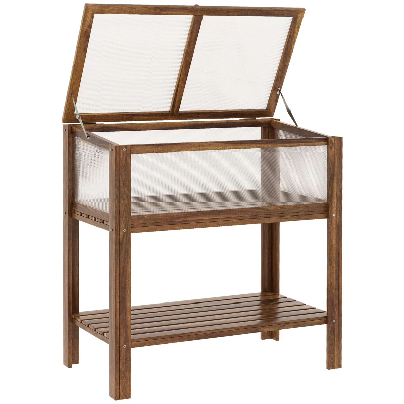 Outsunny Wooden Cold Frame Greenhouse, Garden Portable Raised Planter with Bottom Shelf for Outdoor Indoor Use, Brown