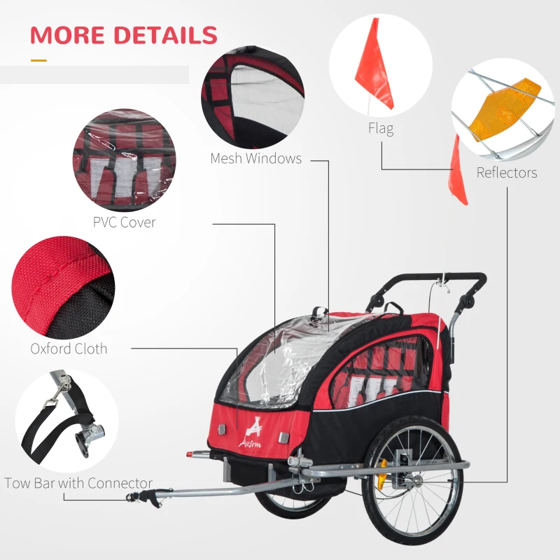 Aosom Elite Double Child Two-Wheel Bicycle Trailer with 2 Safety Harnesses - Red / Black