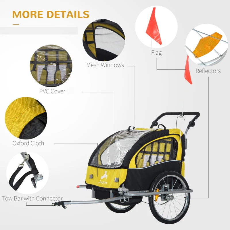 Aosom Elite 360 Swivel Double Child Two-Wheel Bicycle Cargo Trailer With 2 Security Harnesses - Yellow / Black