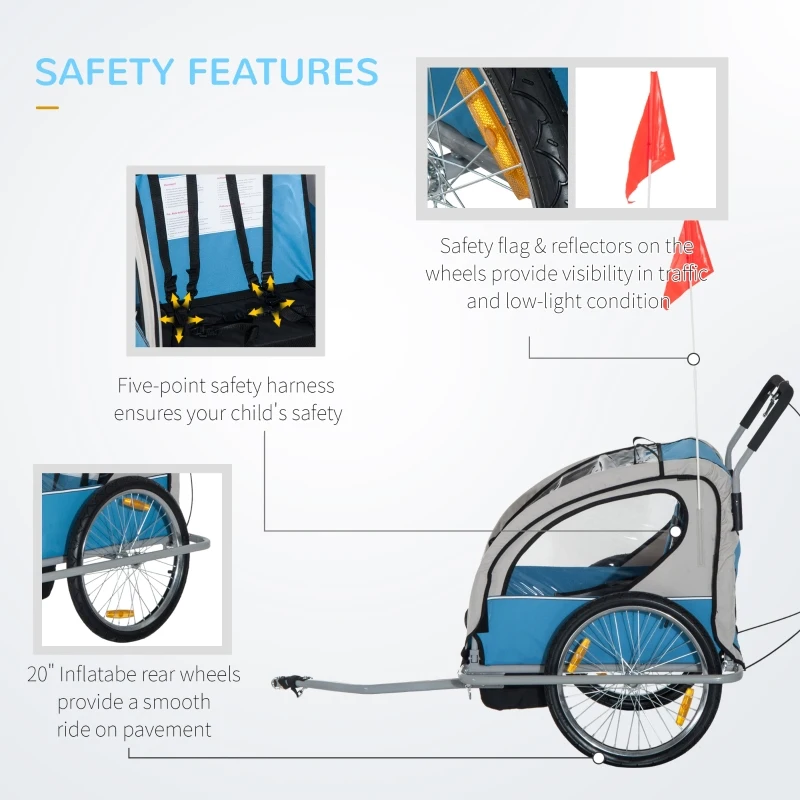 Aosom Outdoor Elite Double Child Two-Wheel Bicycle Trailer Cart Cargo with 2 Safety Harnesses - Blue