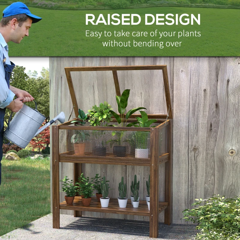 Outsunny Wooden Cold Frame Greenhouse, Garden Portable Raised Planter with Bottom Shelf for Outdoor Indoor Use, Brown