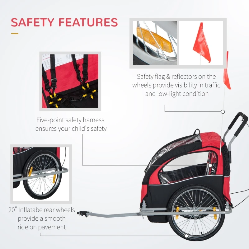 Aosom Elite Double Baby Bike Trailer Child Bicycle Kids Jogger - Red and Black