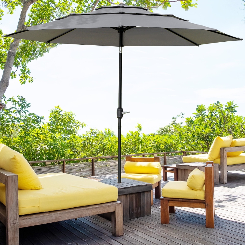 Outsunny 9FT 3 Tiers Patio Umbrella Outdoor Market Umbrella with Crank, Push Button Tilt for Deck, Backyard and Lawn, Light Grey