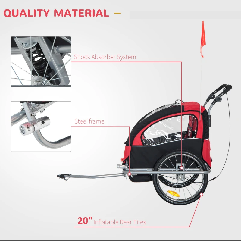 Aosom Elite Double Child Two-Wheel Bicycle Trailer with 2 Safety Harnesses - Red / Black