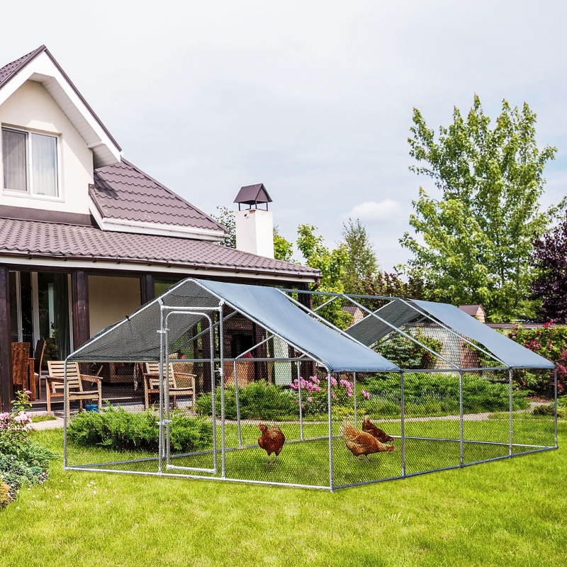 PawHut Galvanized Large Metal Chicken Coop Cage 4 Rooms Walk-in Enclosure Poultry Hen Run House Playpen Rabbit Hutch UV & Water Resistant Cover for Outdoor Backyard 10' x 26' x 6.5' Silver