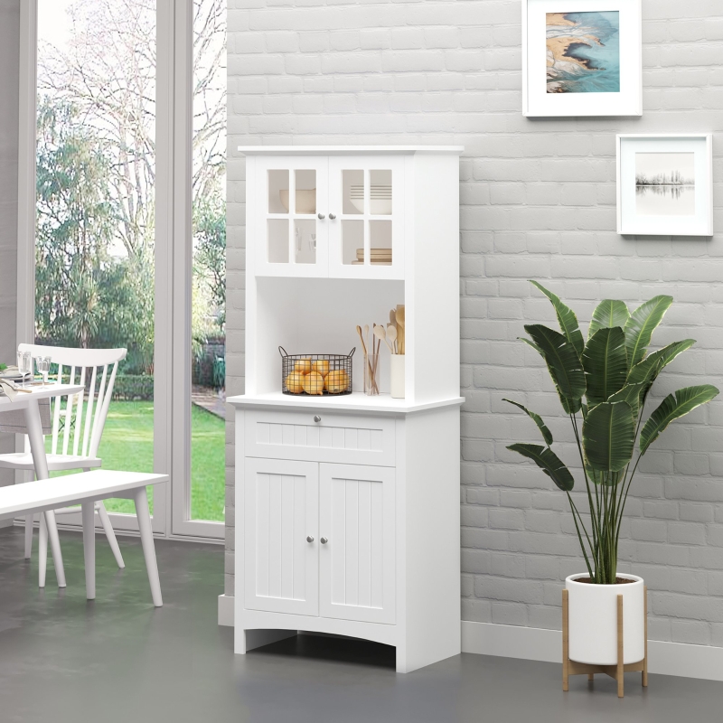 HOMCOM Kitchen Buffet Hutch Wooden Storage Cupboard with Framed Glass Door, Drawer and Microwave Space, White