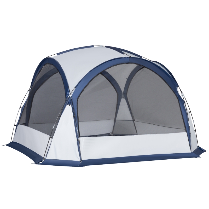 Outsunny 6-8 Person Screen House for Camping, Family Tents Shelter with Portable Carry Bag, Sun Shelter Dome Tent with 4 Zipped Mesh Doors,Stakes, Lamp Hook for Travel, Picnics, White and Blue