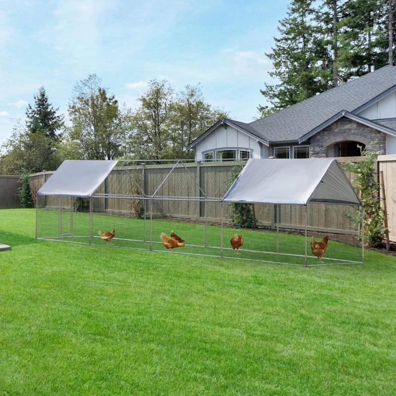 PawHut Galvanized Large Metal Chicken Coop Cage 4 Rooms Walk-in Enclosure Poultry Hen Run House Playpen Rabbit Hutch 10' x 26' x 6.5' | Aosom Canada