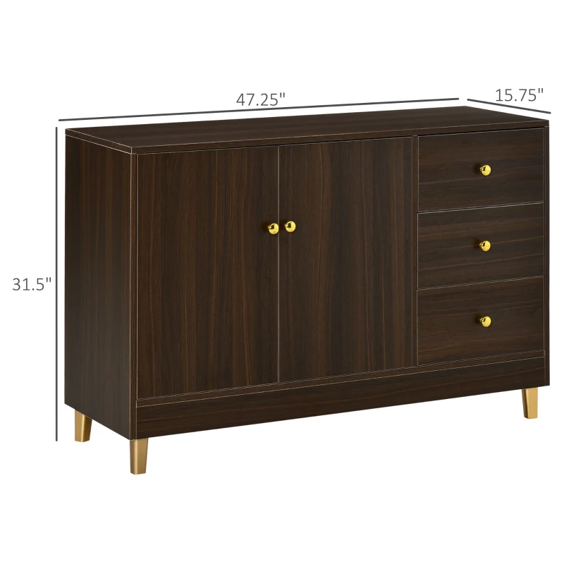 HOMCOM Kitchen Sideboard, Buffect Cabinet with Double Door Cupboard, 3 Drawers, Adjustable Shelf, Brown
