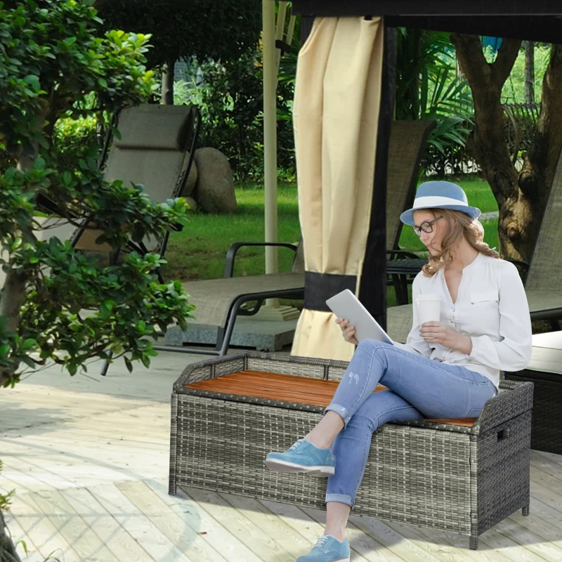 Outsunny Outdoor Storage Bench Wicker Deck Boxes with Wooden Seat, Gas Spring, Rattan Container Bin with Lip, Ideal for Storing Tools, Accessories and Toys, Mixed Grey