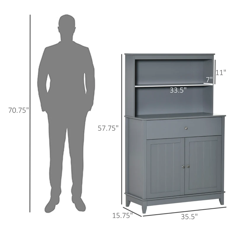 HOMCOM Modern 58" Kitchen Buffet with Hutch, Microwave Cabinet with Drawer and Storage Cupboard, Grey