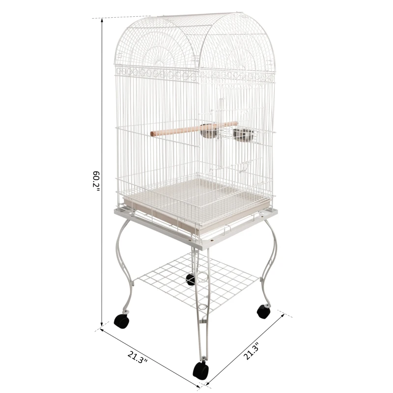PawHut Play Open Top Bird Cage 60" Budgie Cage for Finches, Canaries with Rolling Stand, Removable Tray, Perches, Storage Shelf White, 21.3" x 21.3"