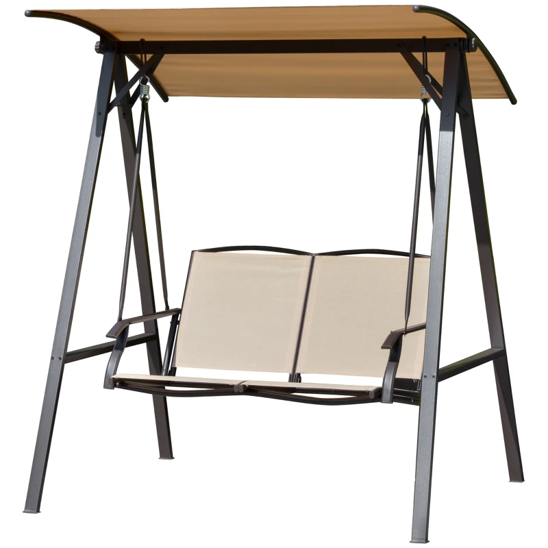 Outsunny 2 Seater Porch Swing with Canopy, Patio Swing Chair, Outdoor Canopy Swing Bench with Adjustable Shade and Metal Frame, Khaki