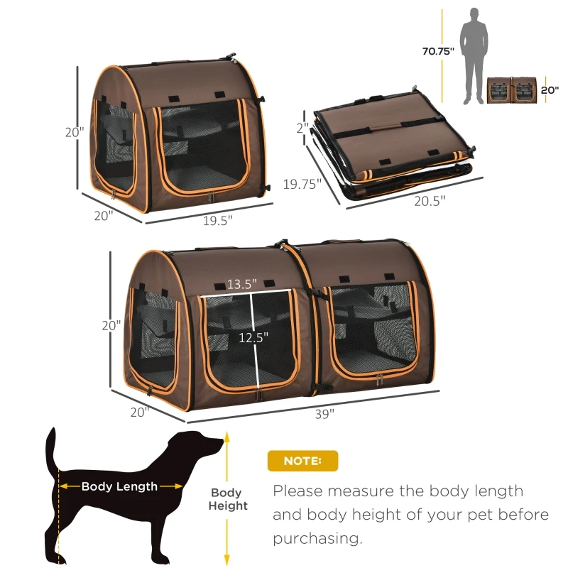 PawHut 39" Portable Soft-Sided Pet Cat Carrier With Divider, Dual Compartment, Soft Cushions, & Storage Bag - Brown