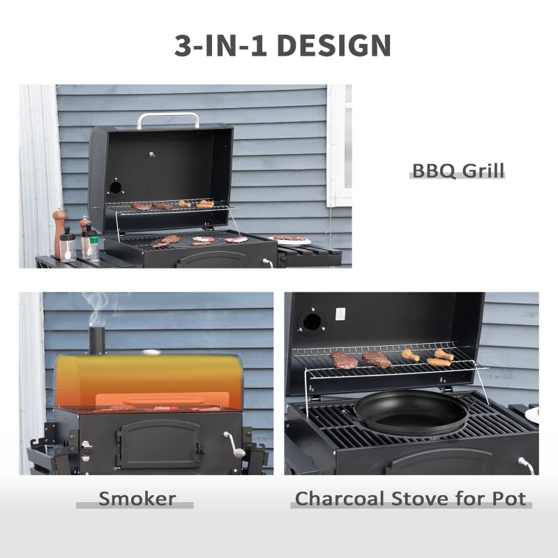 Outsunny 48" Charcoal BBQ Grill and Smoker Combo with Adjustable Height, Portable, Folding Shelves, Thermometer, Bottle Opener, and Wheels