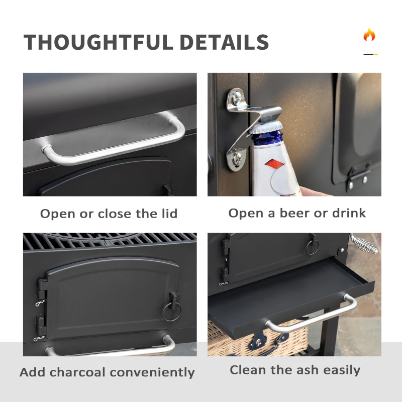 Outsunny 48" Charcoal BBQ Grill and Smoker Combo with Adjustable Height, Portable, Folding Shelves, Thermometer, Bottle Opener, and Wheels